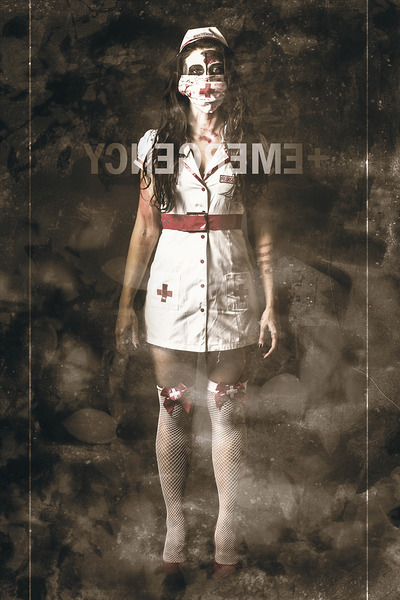 Insane emergency room nurse at ER glass doors Print