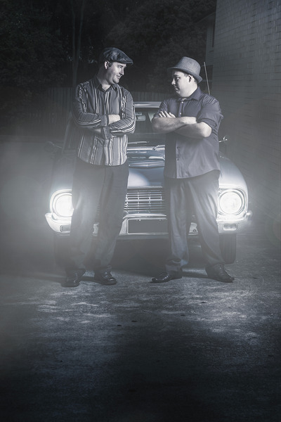 2 male gangsters meeting in dark alleyway Print