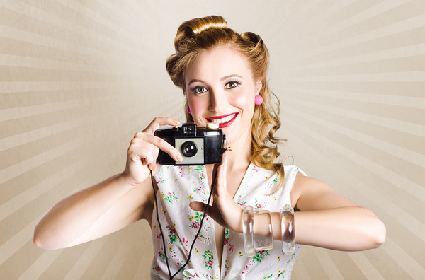 Beautiful Woman Photographer Holding Retro Camera Print