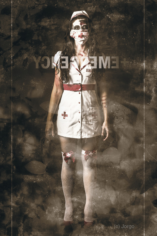 Insane emergency room nurse at ER glass doors  Print