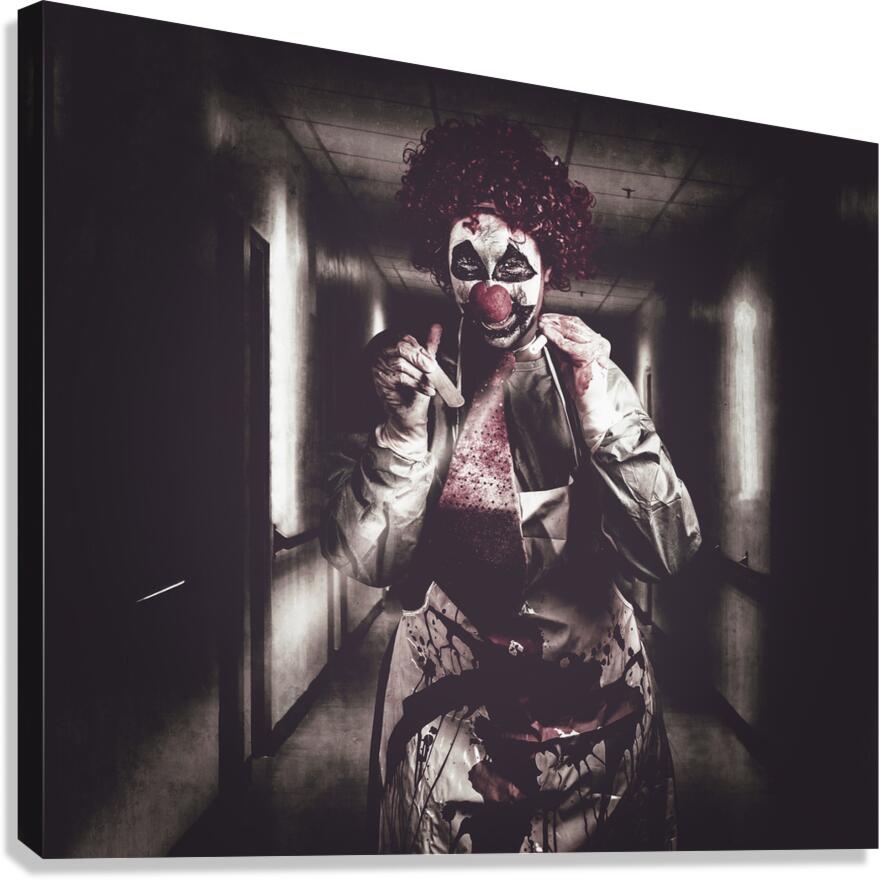 Creepy medical clown in grunge hospital hallway Canvas Print